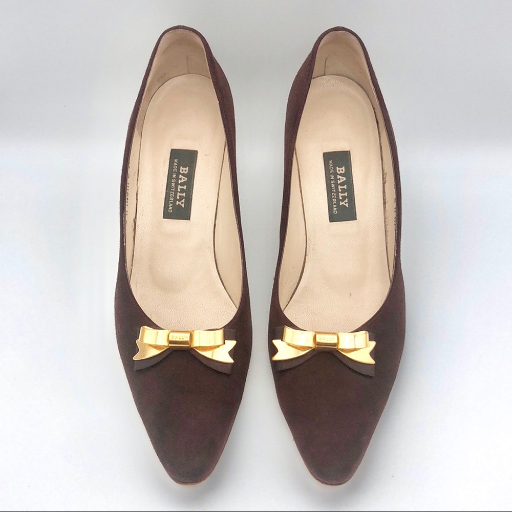 Vintage Bally Mista Brown Suede Gold Bow Pumps, 8M
